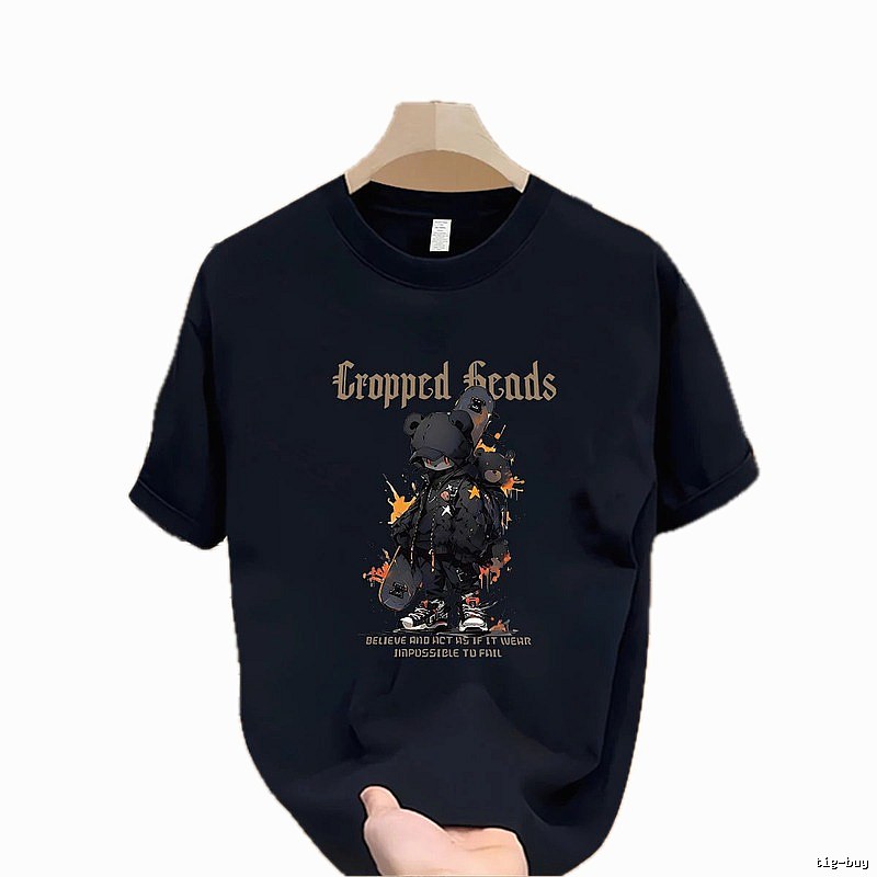 Cropped Skate Bear Street Style Navy Short Sleeve T-Shirt