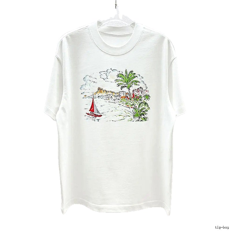AW Hand-painted Seaside Vacation Style White Short-sleeve T-Shirt