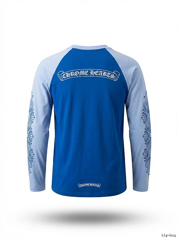 Chrome Hearts retro-style blue and white long-sleeved shirt.