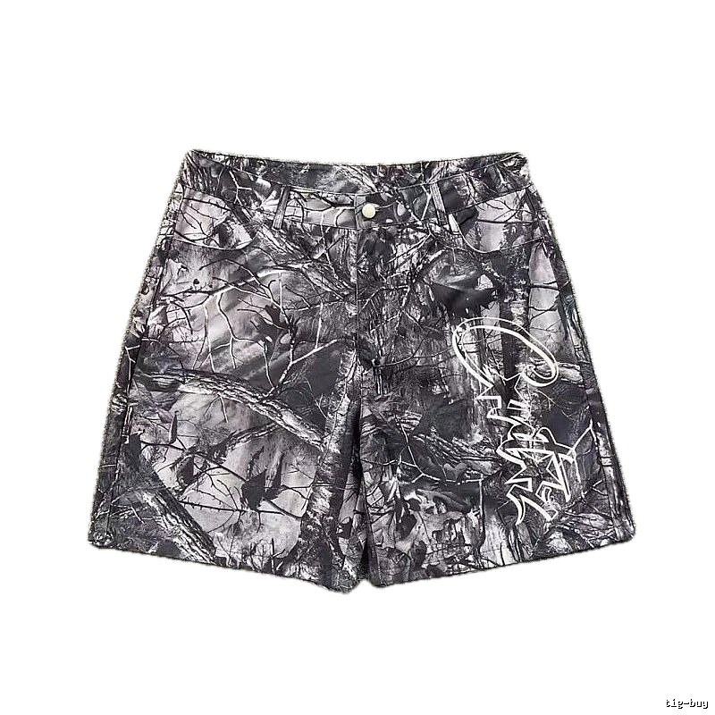 Corteiz Street Style Black and Grey Tree Grain Camouflage Shorts