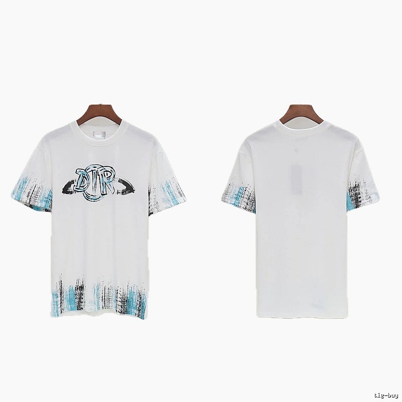 Dior Graffiti Collection Street Style White and Blue Short-sleeve T-shirt