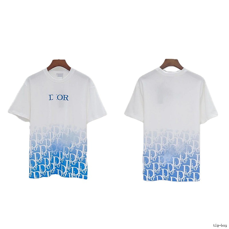 Dior Oblique Gradient Trendy Style Blue and White Short-sleeved T-shirt