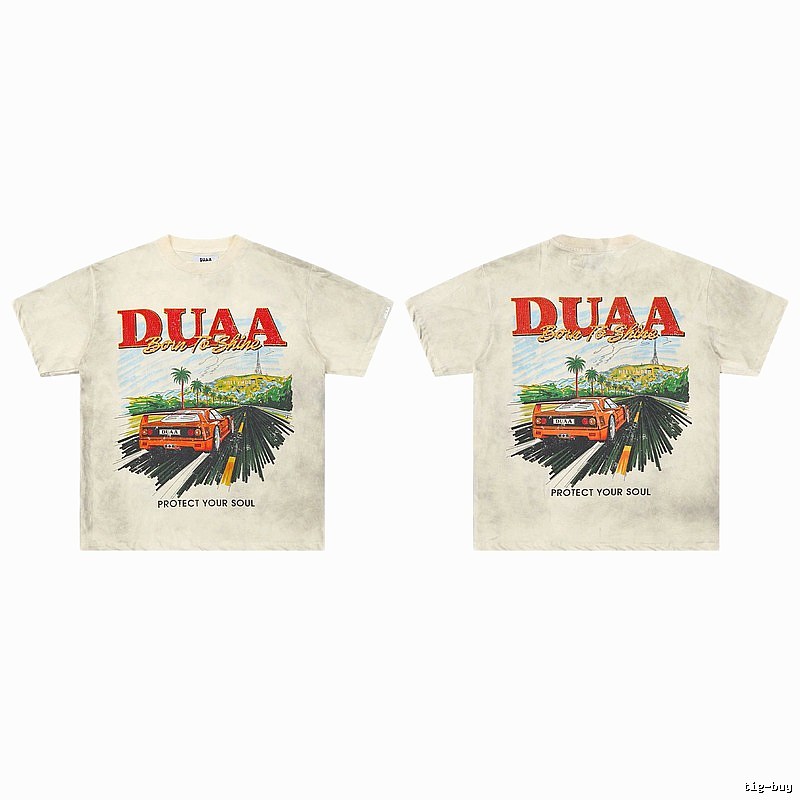 DUAA Sports Car Print American Retro Off-white Short Sleeve T-Shirt