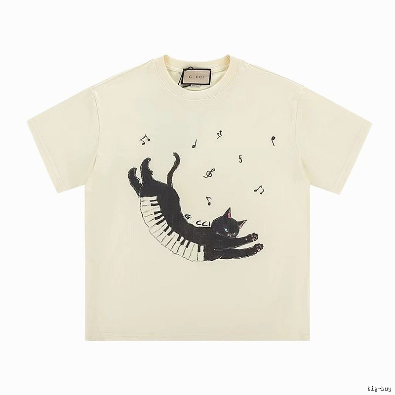 Gucci Artistic Style Cat Print Off-white Short-sleeve T-shirt
