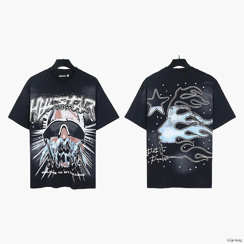 Hellstar Flame Print Street Style Black T-Shirt