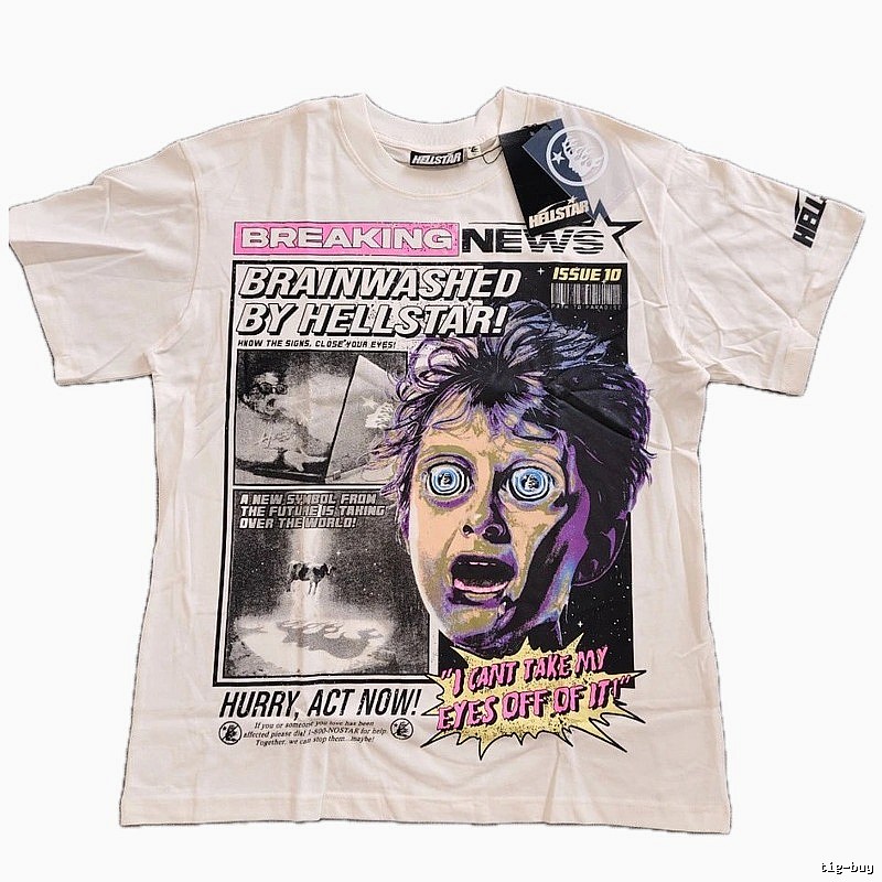 Hellstar Newspaper Print Street Style Off-white T-Shirt