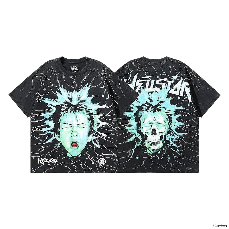 Hellstar Skeleton Print Street Style Black and Green T-shirt