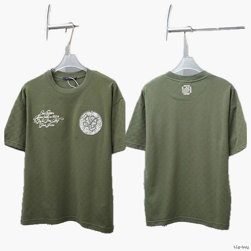 Louis Vuitton Embroidered Badge Casual Style Army Green T-Shirt