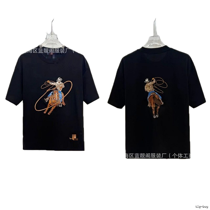 Louis Vuitton Vintage Style Black T-Shirt with Denim Embroidery