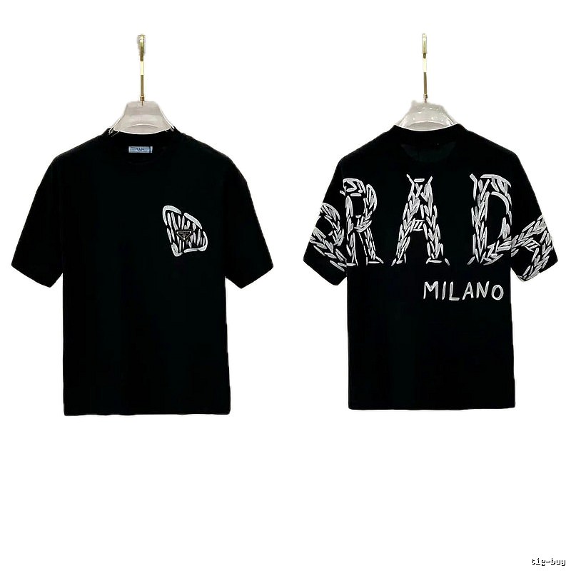 Prada Embroidered Streetwear Style Black Short-sleeve T-shirt
