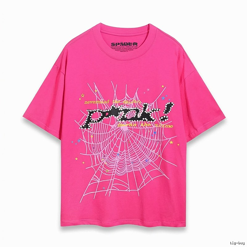 Sp5der Spider Web Print Trendy and Cool Rose Red T-shirt