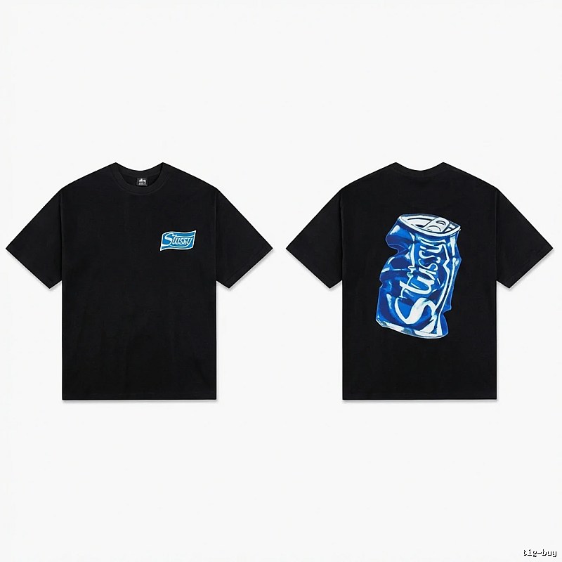 Stussy's black T-shirt with a can-style design